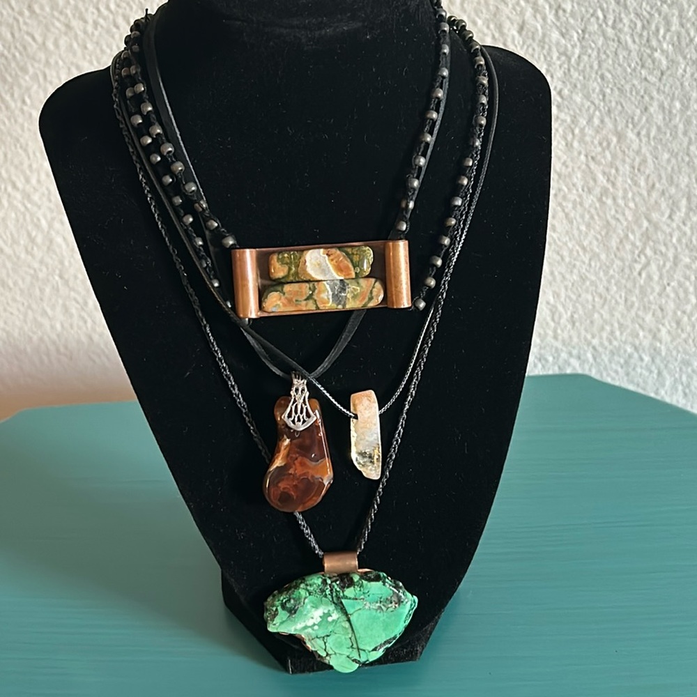4 Artisan Stone Crystal Citrine Turquoise Agate Pendant Cord Necklace Collection